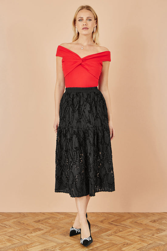 Yumi Red Jersey Cotton Bardot Top With Knot Detail - QHA UK
