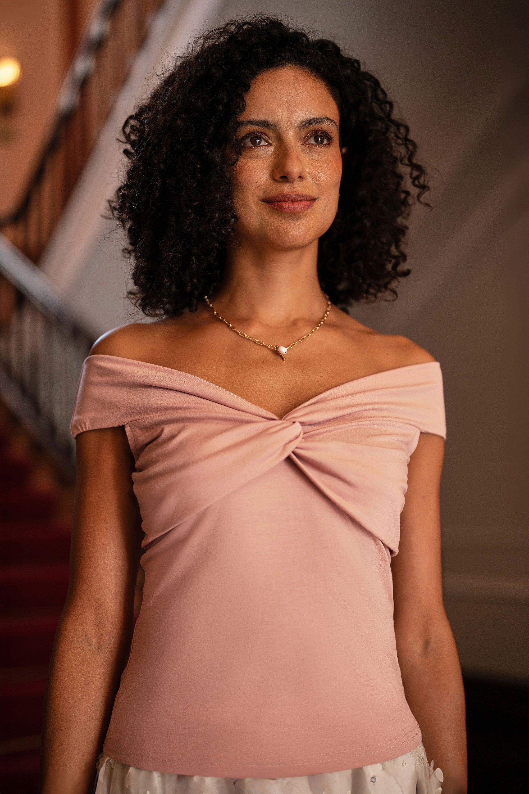 Yumi Blush Jersey Cotton Bardot Top With Knot Detail