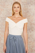 Yumi White Jersey Cotton Bardot Top With Knot Detail - QHA UK