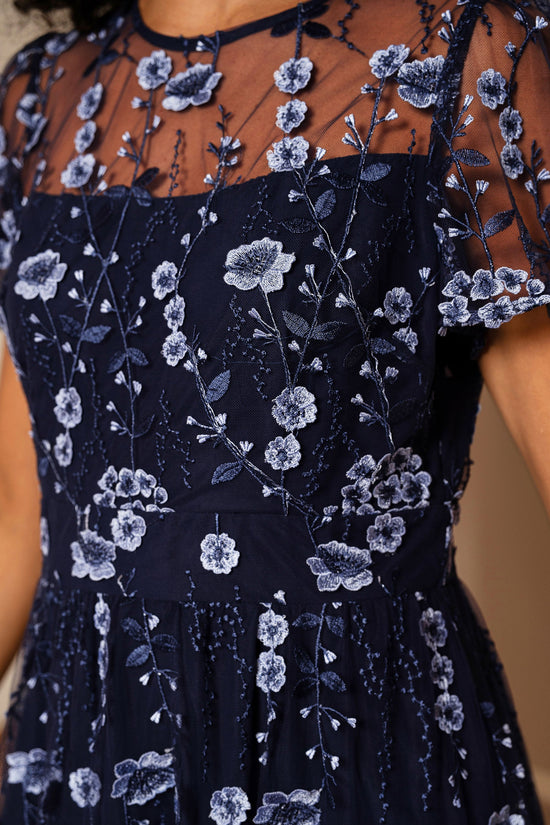 Yumi Navy Embroidered Mesh Midi Dress - QHA UK