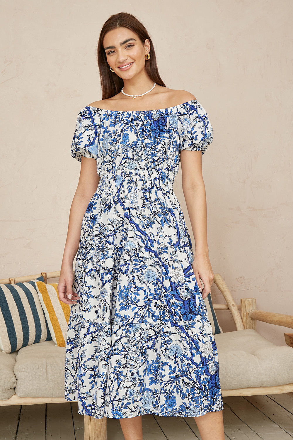 Yumi Blue Ruched Waist Bardot Blossom Tree Print Midi Dress - QHA UK