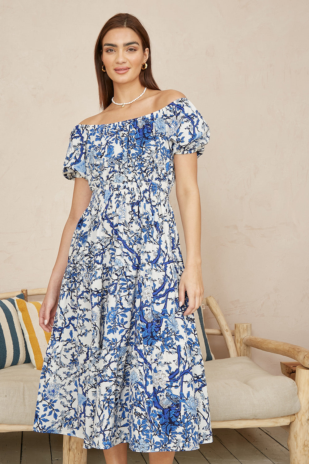 Yumi Blue Ruched Waist Bardot Blossom Tree Print Midi Dress - QHA UK