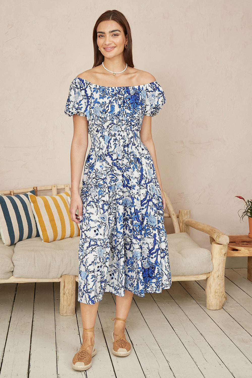 Yumi Blue Ruched Waist Bardot Blossom Tree Print Midi Dress - QHA UK