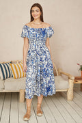 Yumi Blue Ruched Waist Bardot Blossom Tree Print Midi Dress - QHA UK