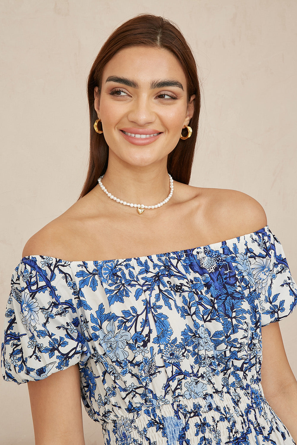 Yumi Blue Ruched Waist Bardot Blossom Tree Print Midi Dress - QHA UK