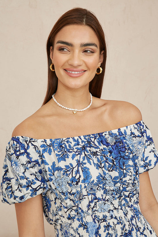 Yumi Blue Ruched Waist Bardot Blossom Tree Print Midi Dress - QHA UK