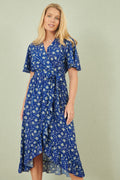 Yumi Blue Floral Wrap Dress With Frill Hem - QHA UK