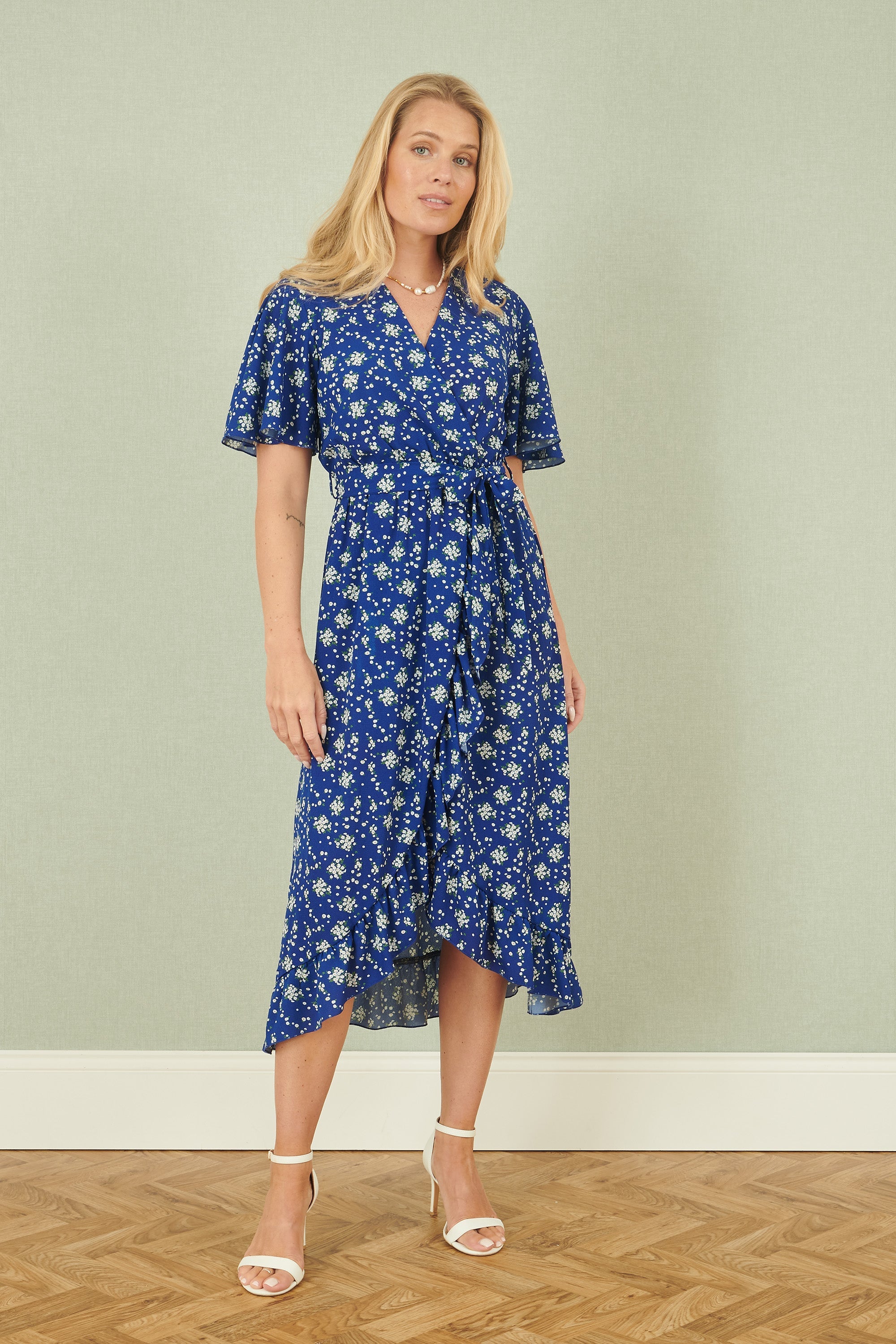 Yumi Blue Floral Wrap Dress With Frill Hem - QHA UK