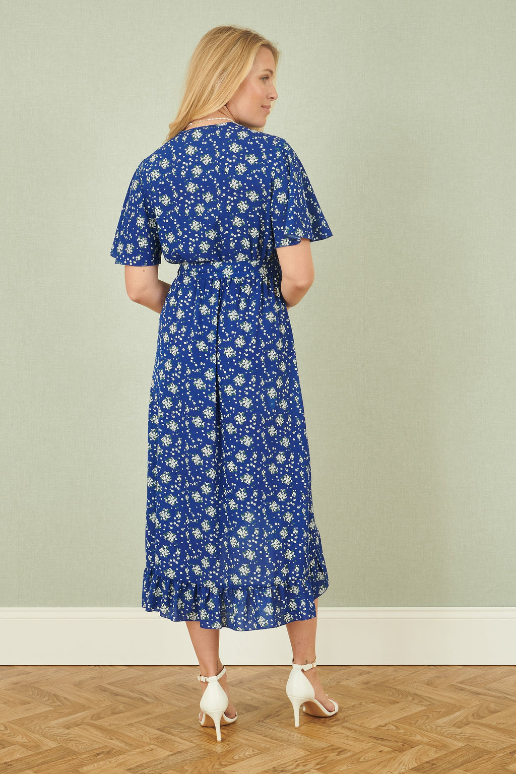 Yumi Blue Floral Wrap Dress With Frill Hem - QHA UK