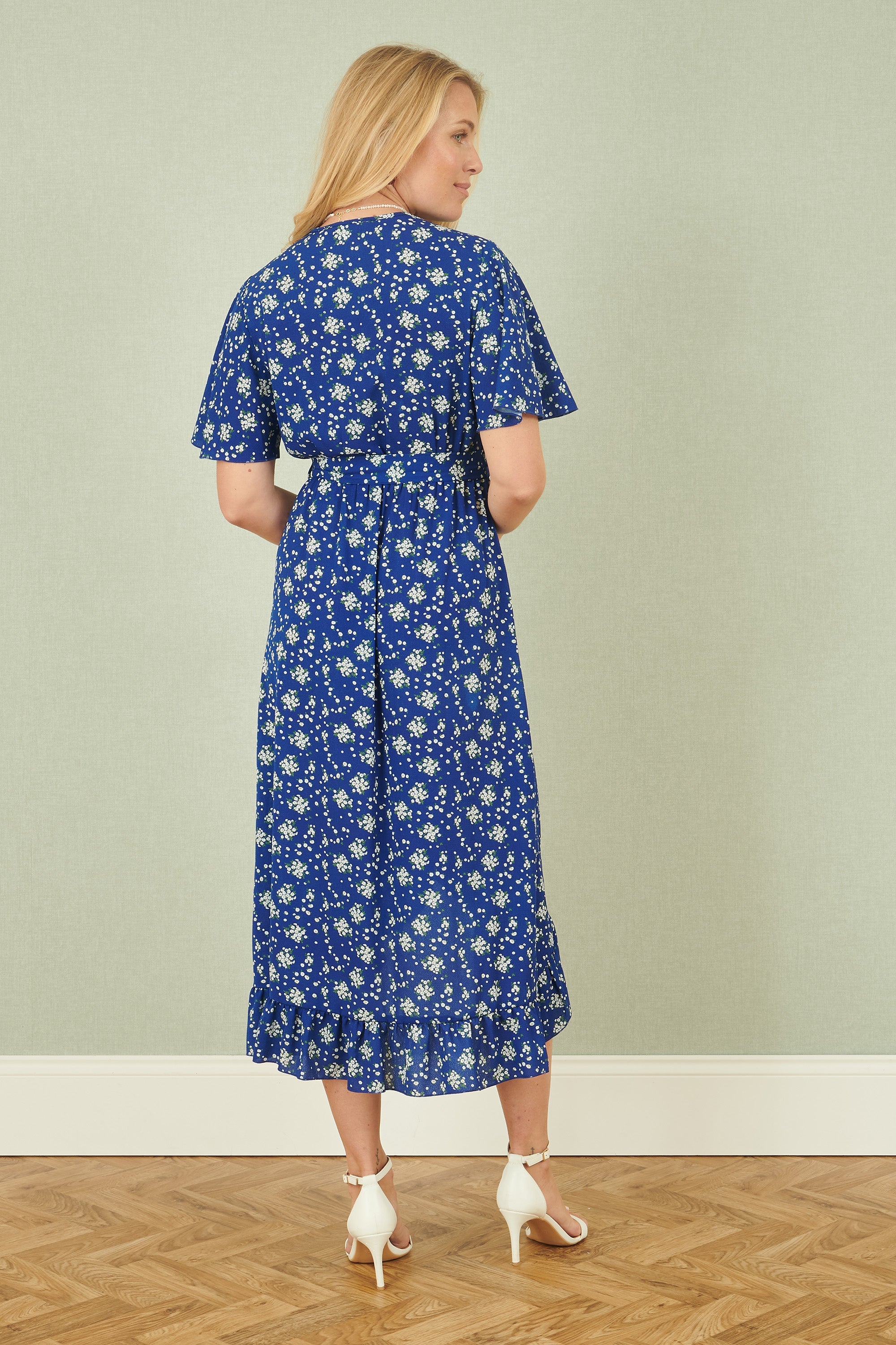Yumi Blue Floral Wrap Dress With Frill Hem - QHA UK