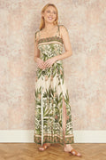 Yumi Green Palm Print Strappy Viscose Jumpsuit - QHA UK