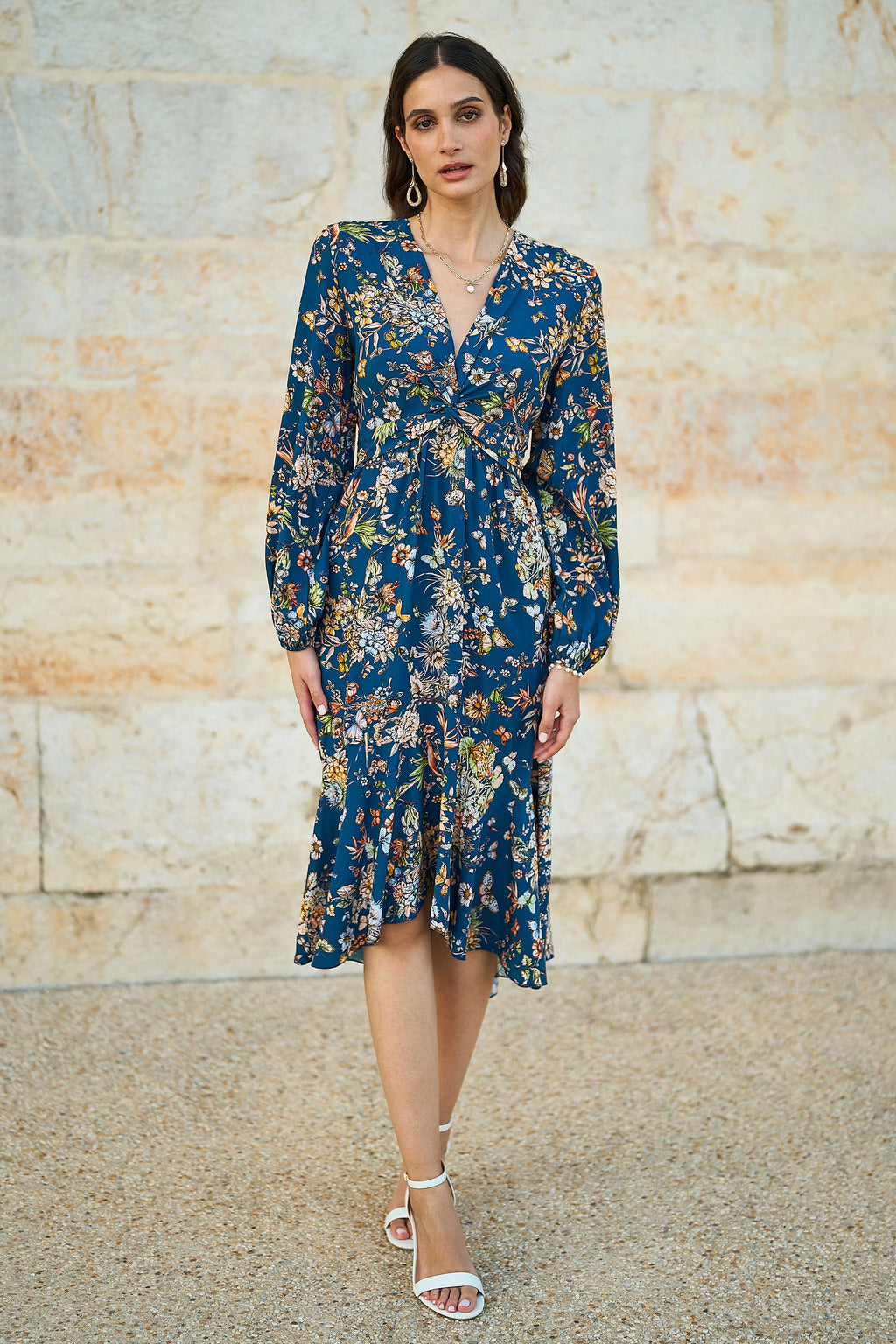 Yumi Blue Butterly Floral Tie Knot Front Long Sleeve Midi Dress - QHA UK