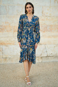 Yumi Blue Butterly Floral Tie Knot Front Long Sleeve Midi Dress - QHA UK