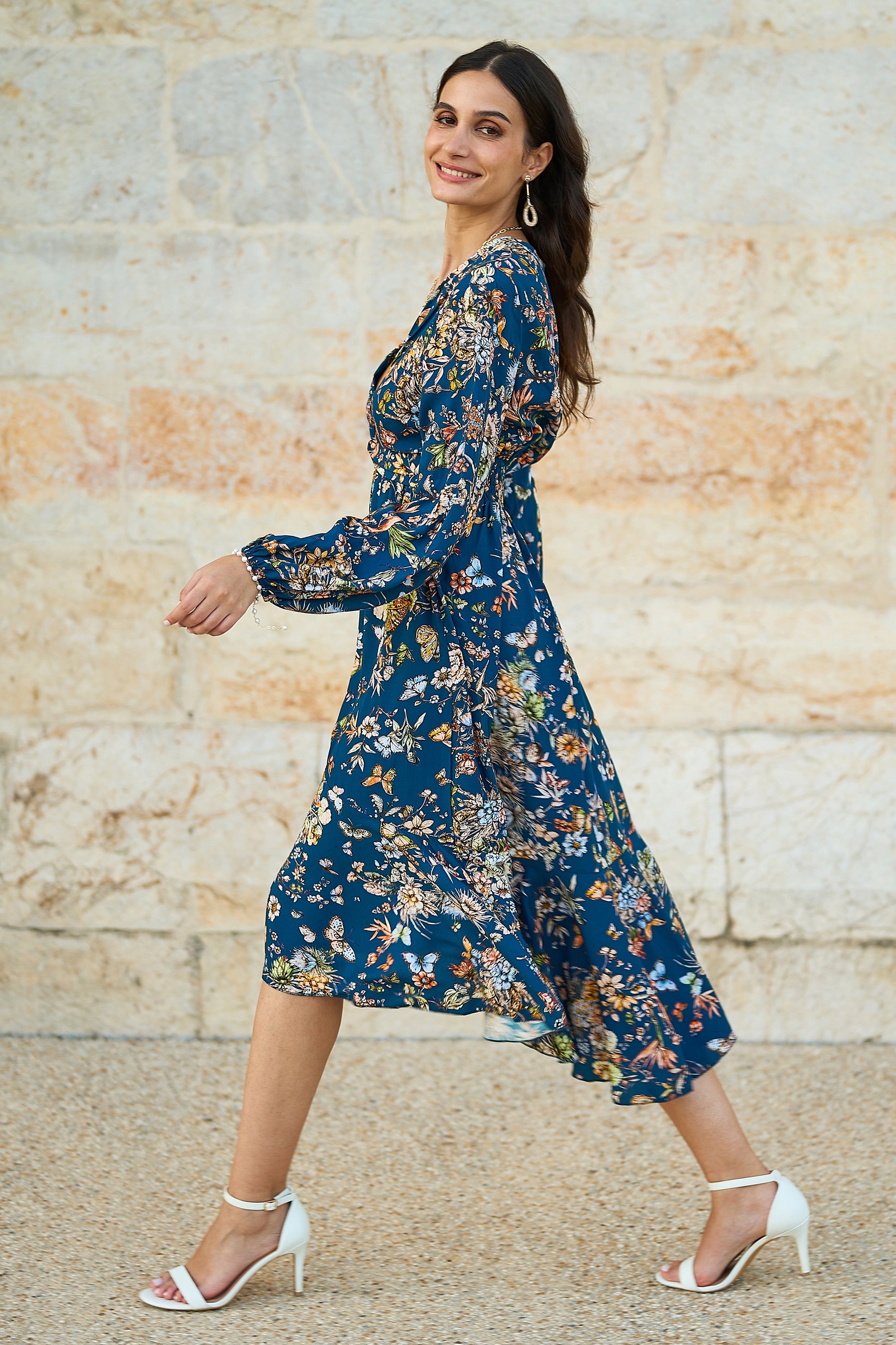Yumi Blue Butterly Floral Tie Knot Front Long Sleeve Midi Dress - QHA UK