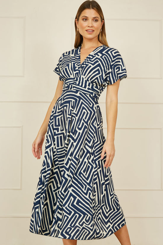 Yumi Navy Geometric Print Ruched Waist Midi Dress With Kimono Sleeves - QHA UK
