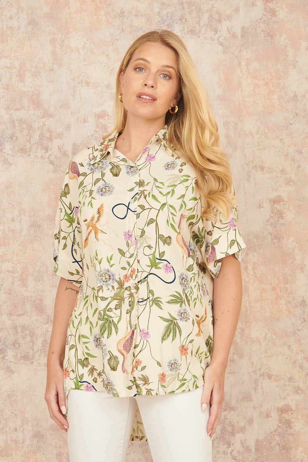 Yumi Beige Relaxed Fit Shirt With Botanical Print - QHA UK