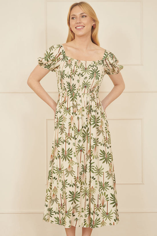 Yumi White Cotton Palm Print Ruched Midi Dress - QHA UK