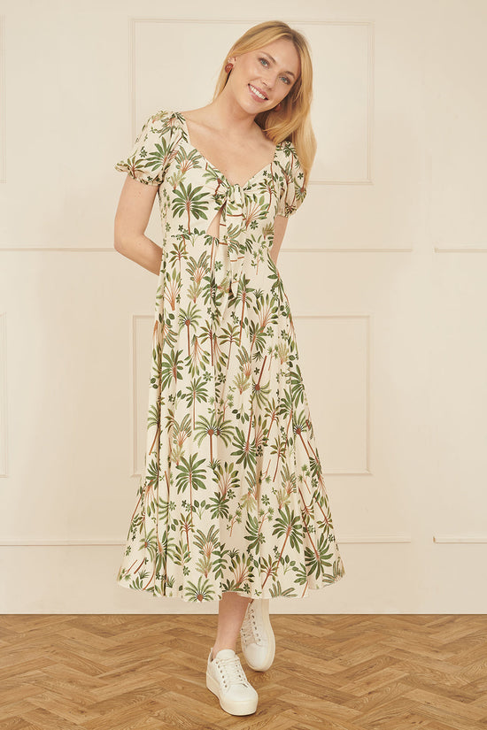 Yumi White Cotton Palm Print Ruched Midi Dress - QHA UK
