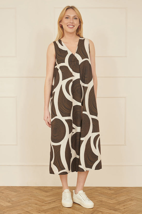 Yumi Brown Cotton Abstract Circle Trapeze Relaxed Midi Dress - QHA UK