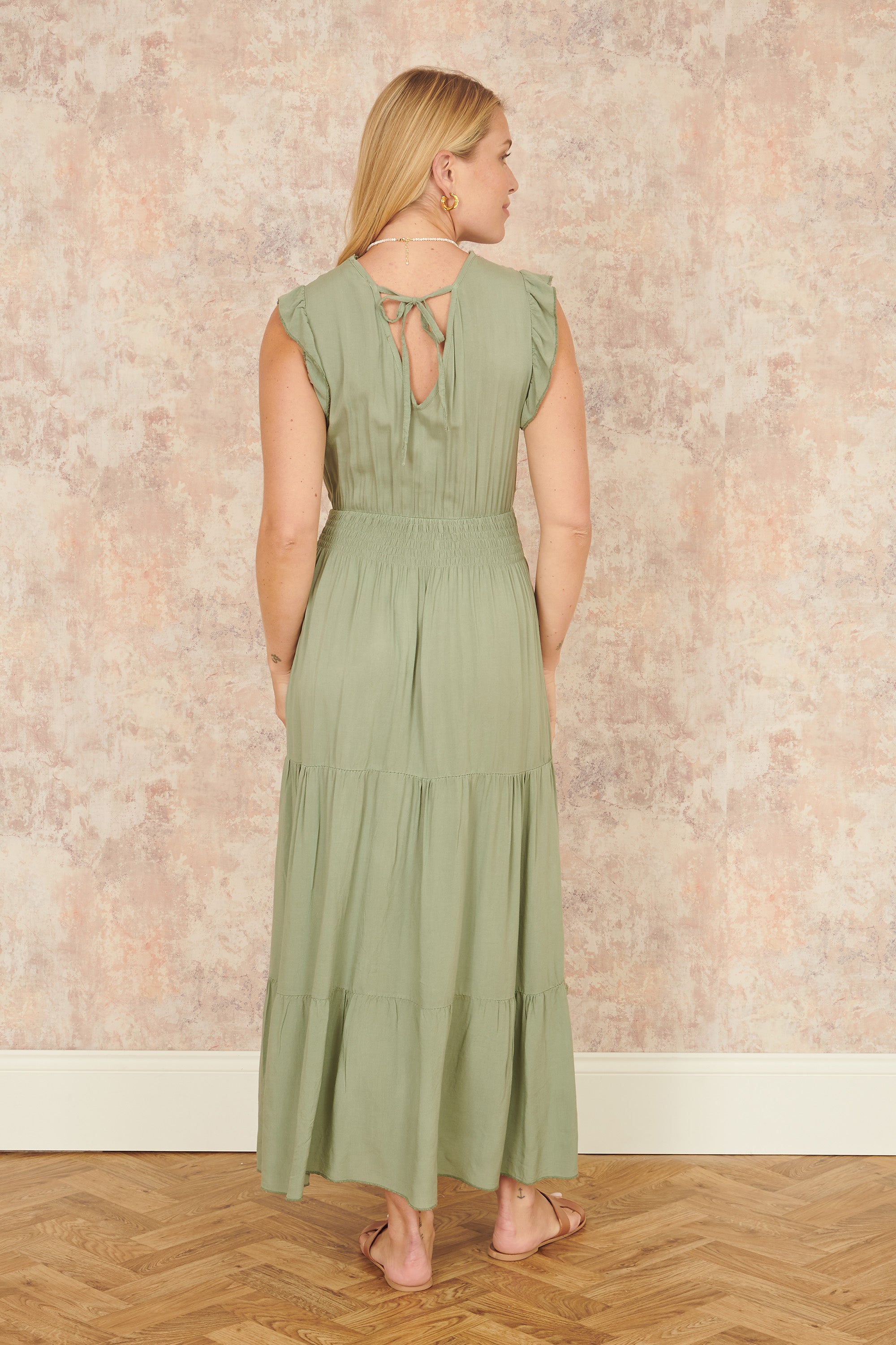 Yumi Green Viscose Lace Trim Wrap Maxi Dress