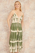 Yumi Green Viscose Paisley Print Lace Trim Midi Sun Dress - QHA UK