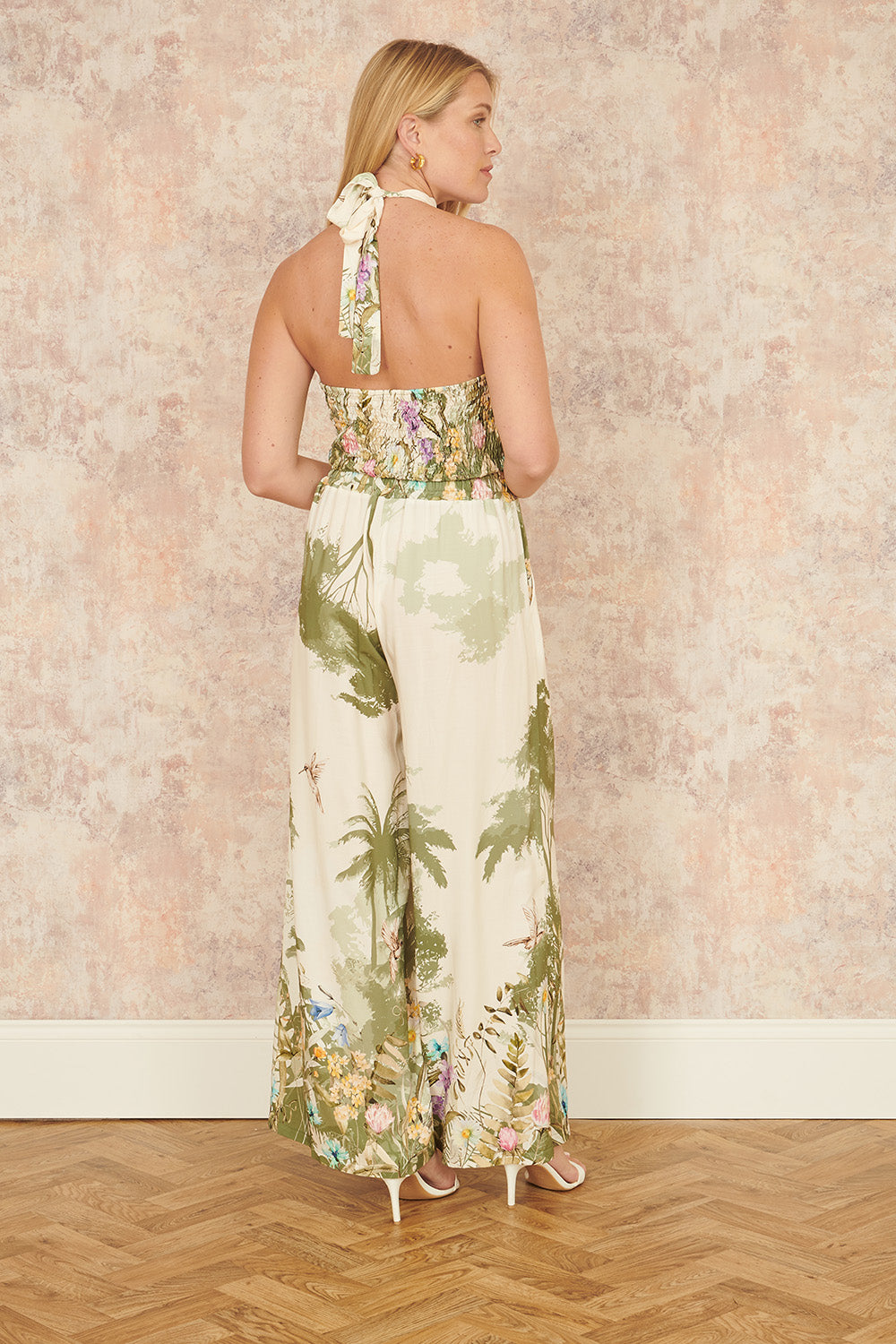 Yumi White Palm Print Wide Leg Trousers