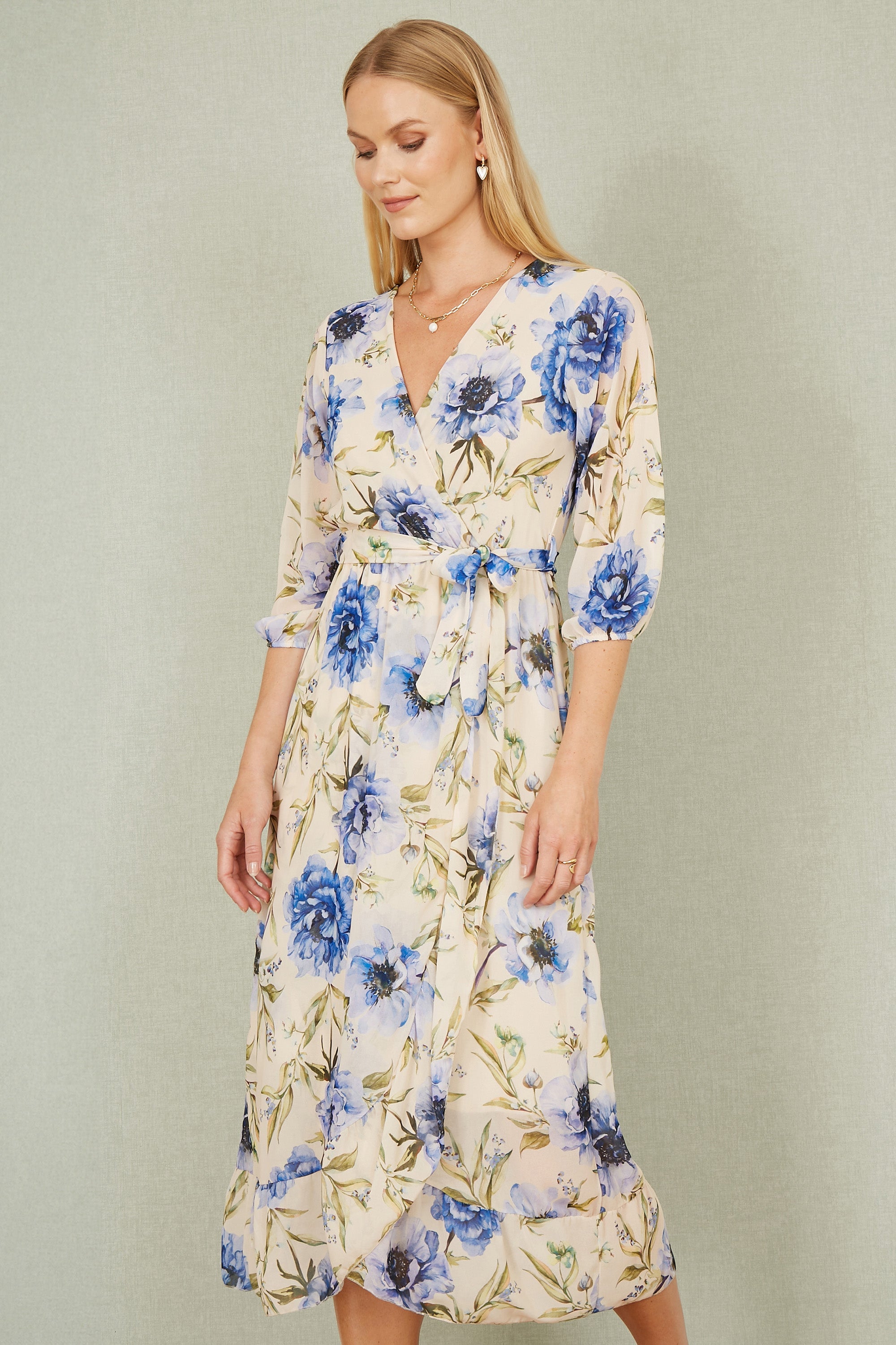 Yumi Cream Vintage Floral Wrap Midi Dress With Frill - QHA UK