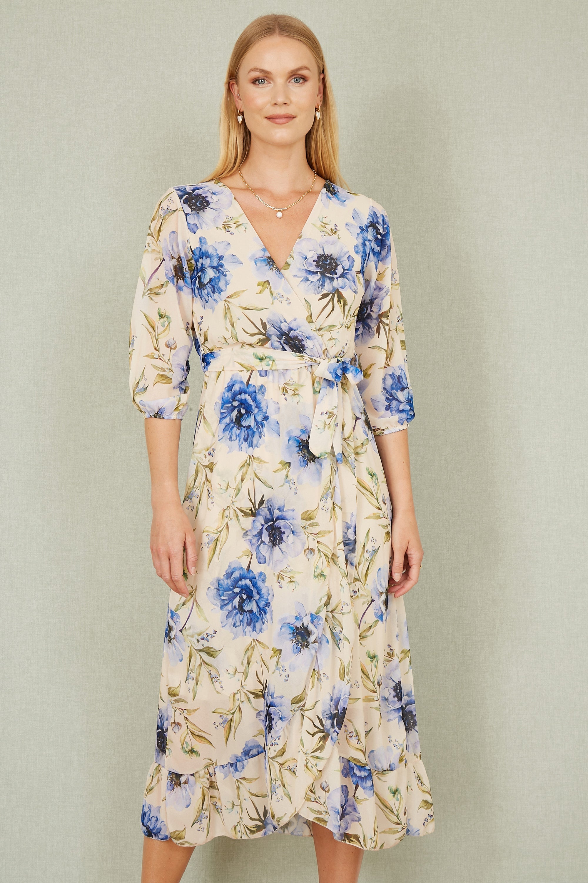 Yumi Cream Vintage Floral Wrap Midi Dress With Frill - QHA UK