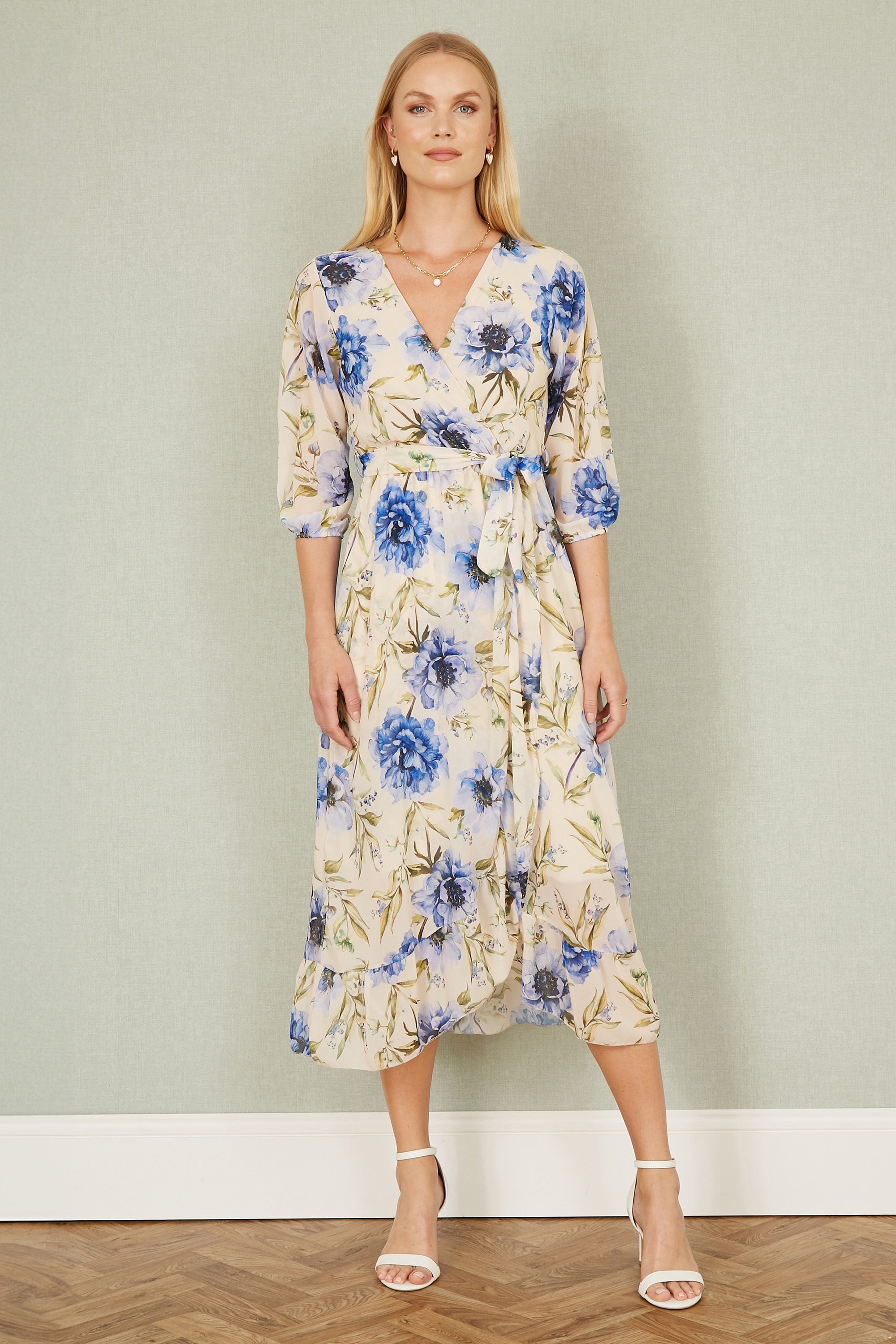 Yumi Cream Vintage Floral Wrap Midi Dress With Frill - QHA UK
