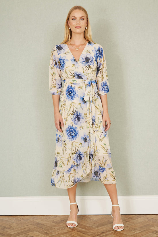 Yumi Cream Vintage Floral Wrap Midi Dress With Frill - QHA UK