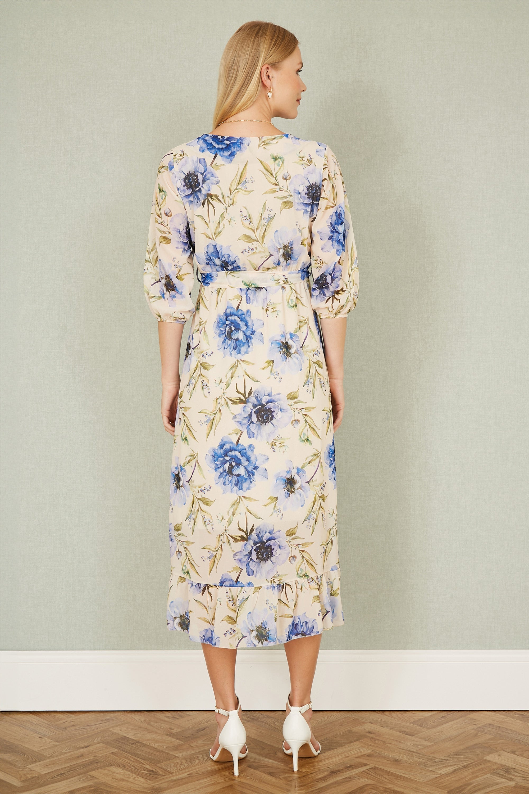 Yumi Cream Vintage Floral Wrap Midi Dress With Frill - QHA UK