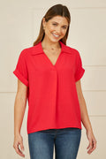 Yumi Red Stretch Relaxed Top With Collar - QHA UK