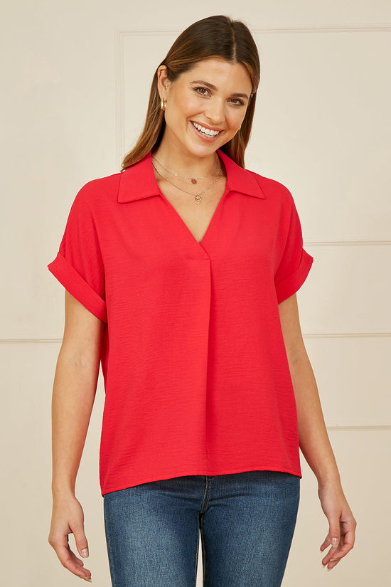 Yumi Red Stretch Relaxed Top With Collar - QHA UK