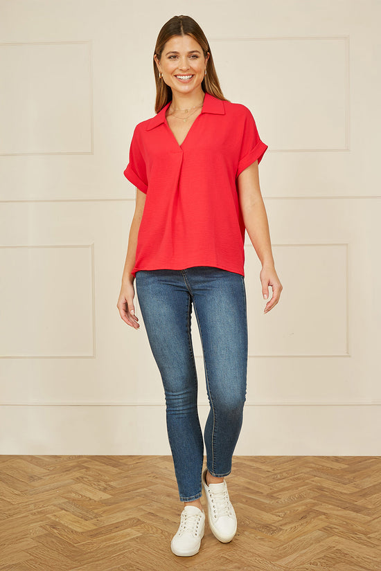 Yumi Red Stretch Relaxed Top With Collar - QHA UK
