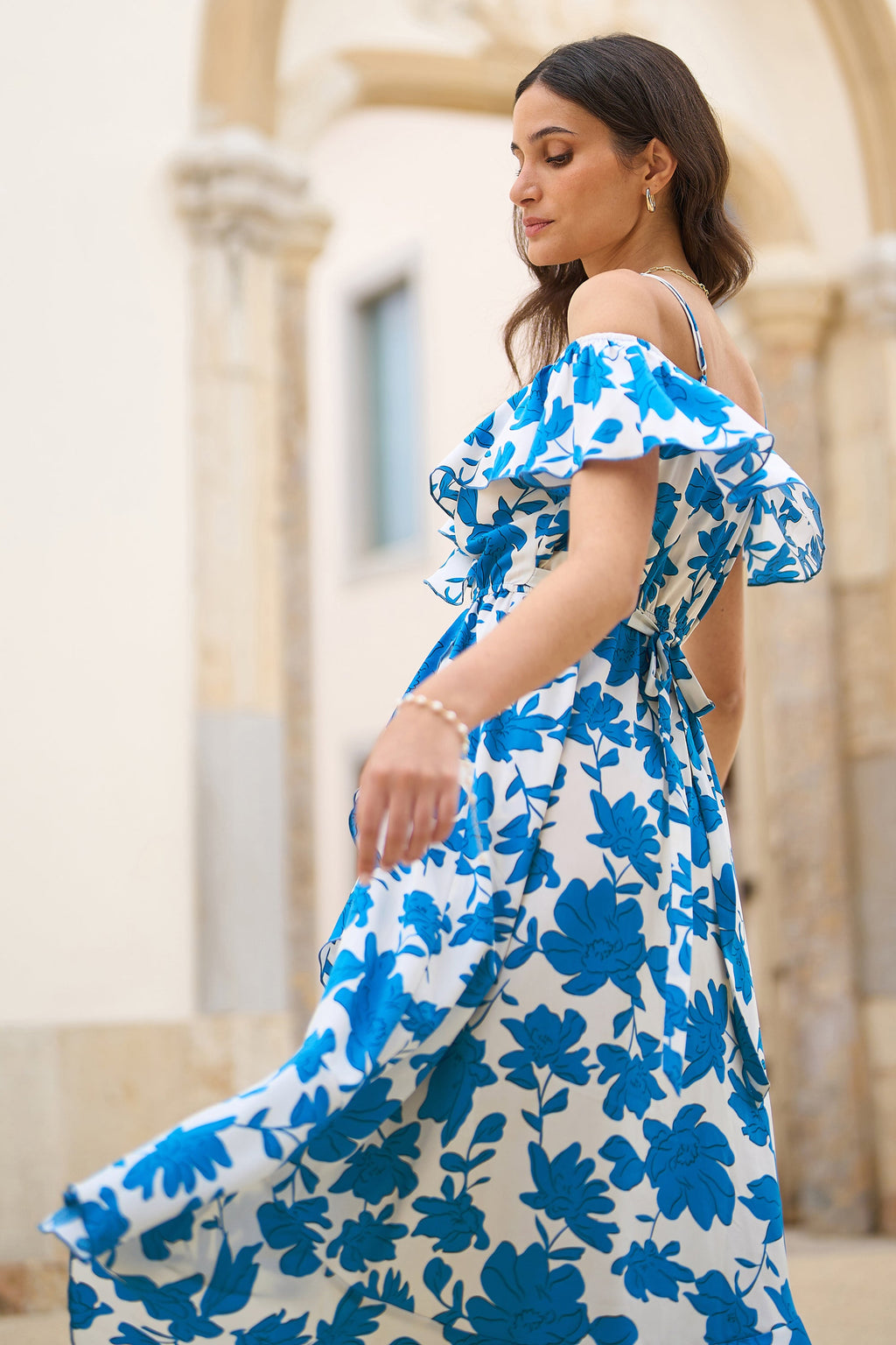 Yumi Blue Floral Print Bardot Midi Dress With Dip Hem - QHA UK