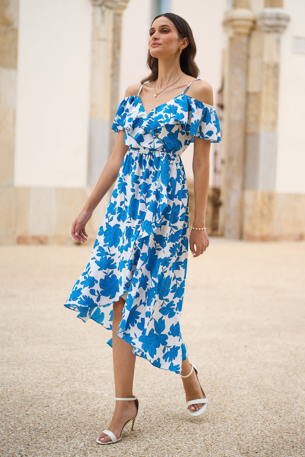 Yumi Blue Floral Print Bardot Midi Dress With Dip Hem - QHA UK