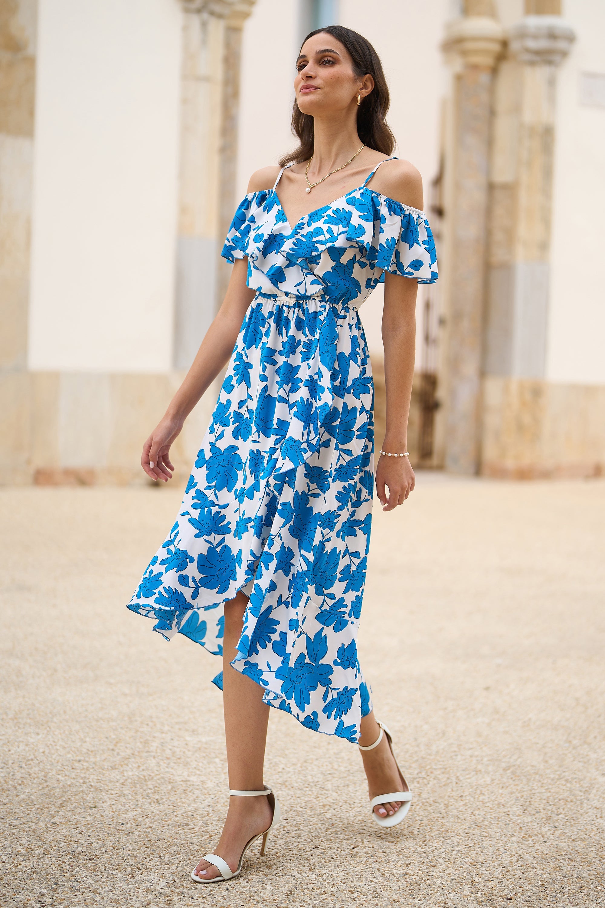 Yumi Blue Floral Print Bardot Midi Dress With Dip Hem - QHA UK