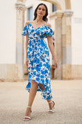Yumi Blue Floral Print Bardot Midi Dress With Dip Hem - QHA UK