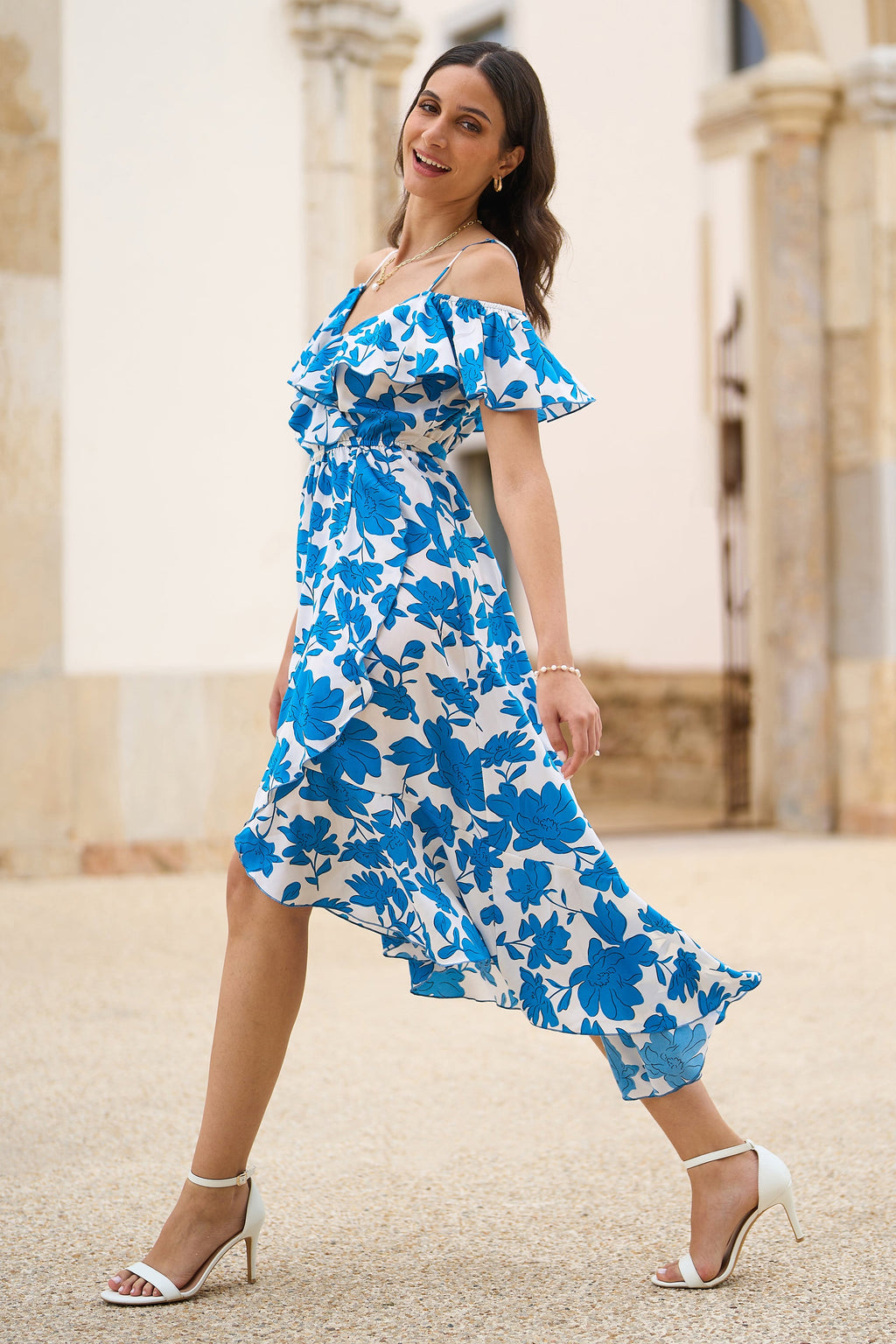 Yumi Blue Floral Print Bardot Midi Dress With Dip Hem - QHA UK