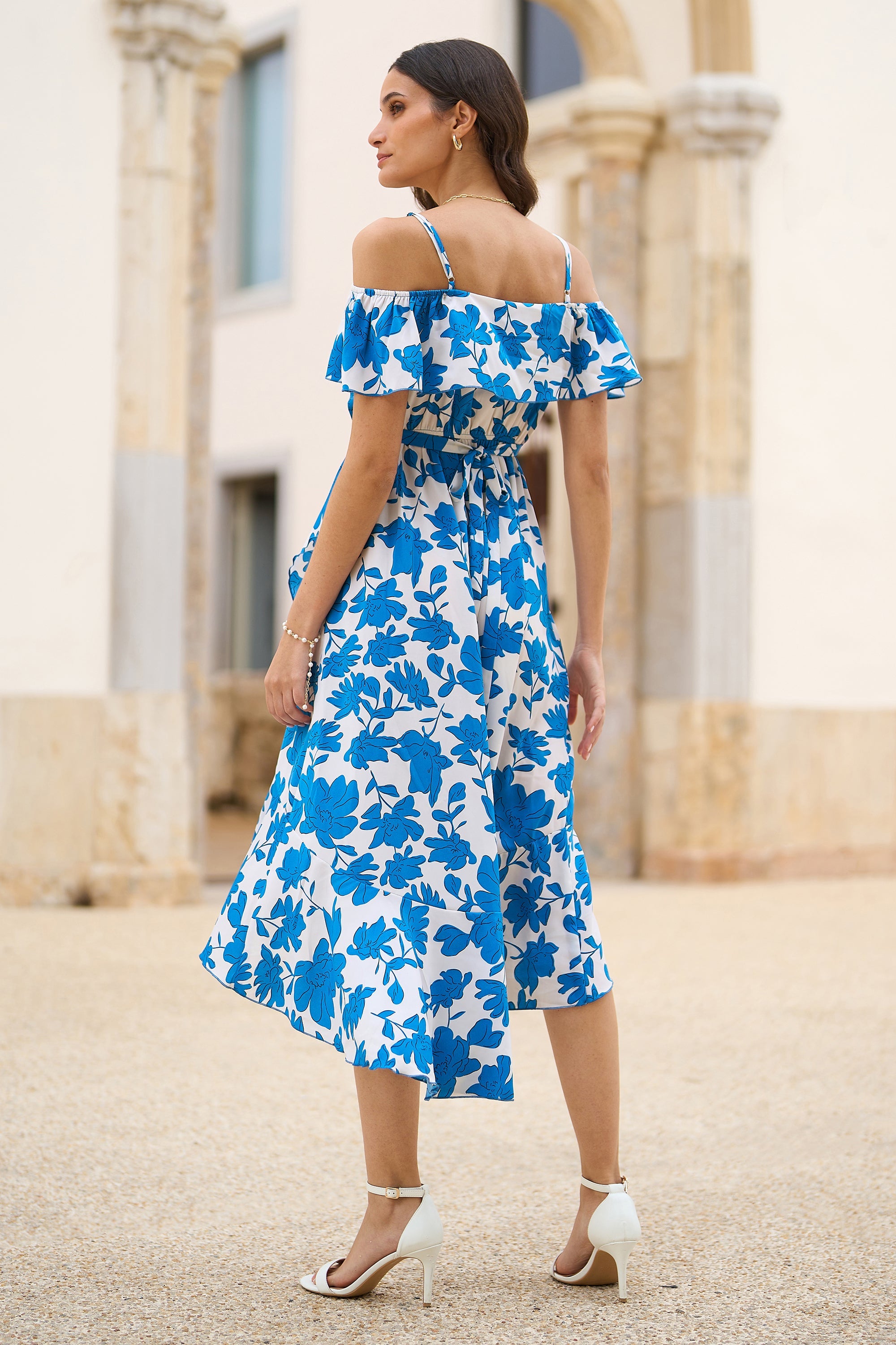 Yumi Blue Floral Print Bardot Midi Dress With Dip Hem - QHA UK