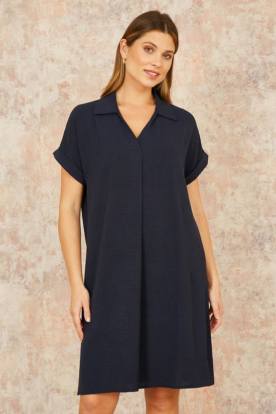 Yumi Navy Relaxed Fit Collared Tunic Dress - QHA UK