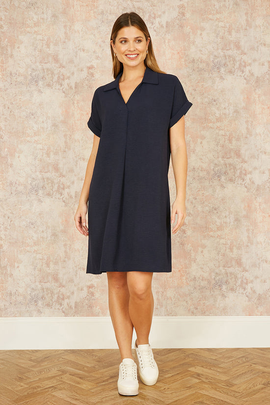 Yumi Navy Relaxed Fit Collared Tunic Dress - QHA UK