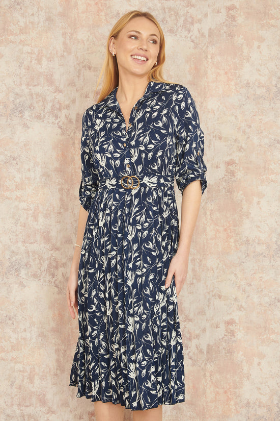 Yumi Navy Floral Print Pleated Skater Dress With Buckle - QHA UK