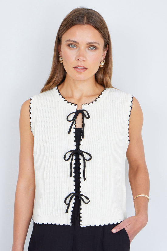 Yumi Ivory Knitted Waistcoat With Bow Trims - QHA UK
