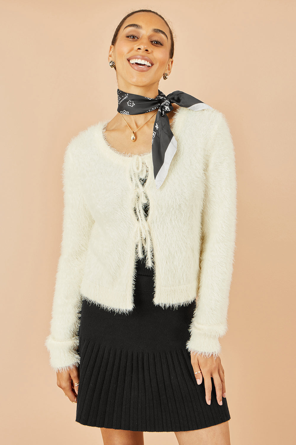 Yumi Ivory Eyelash Fluffy Knit Bolero With Tie Front - QHA UK