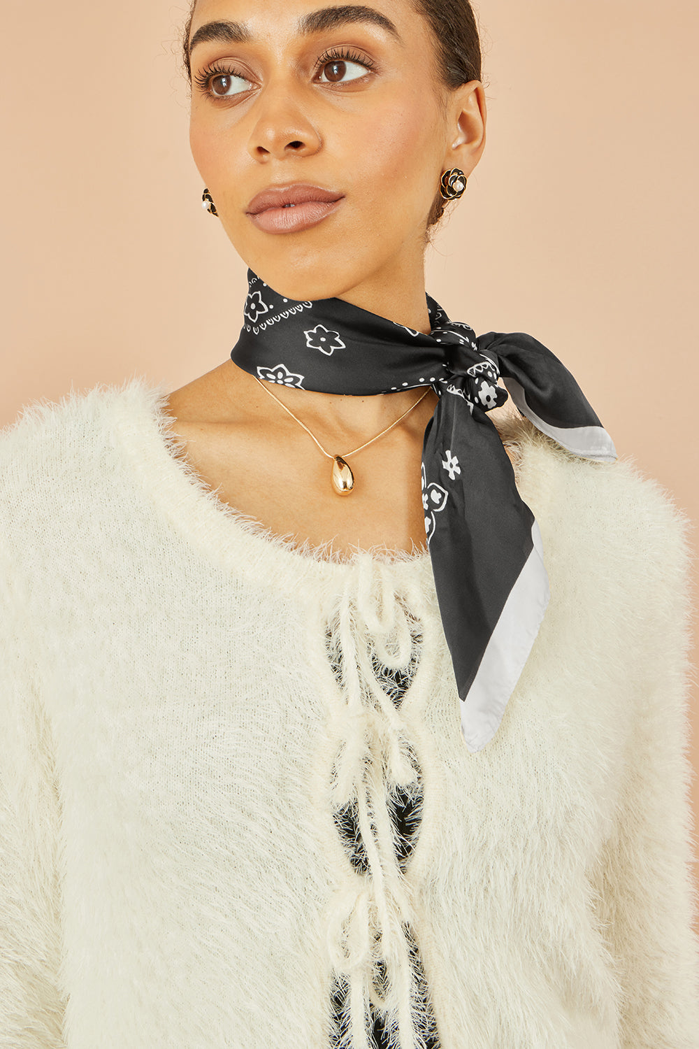 Yumi Ivory Eyelash Fluffy Knit Bolero With Tie Front - QHA UK