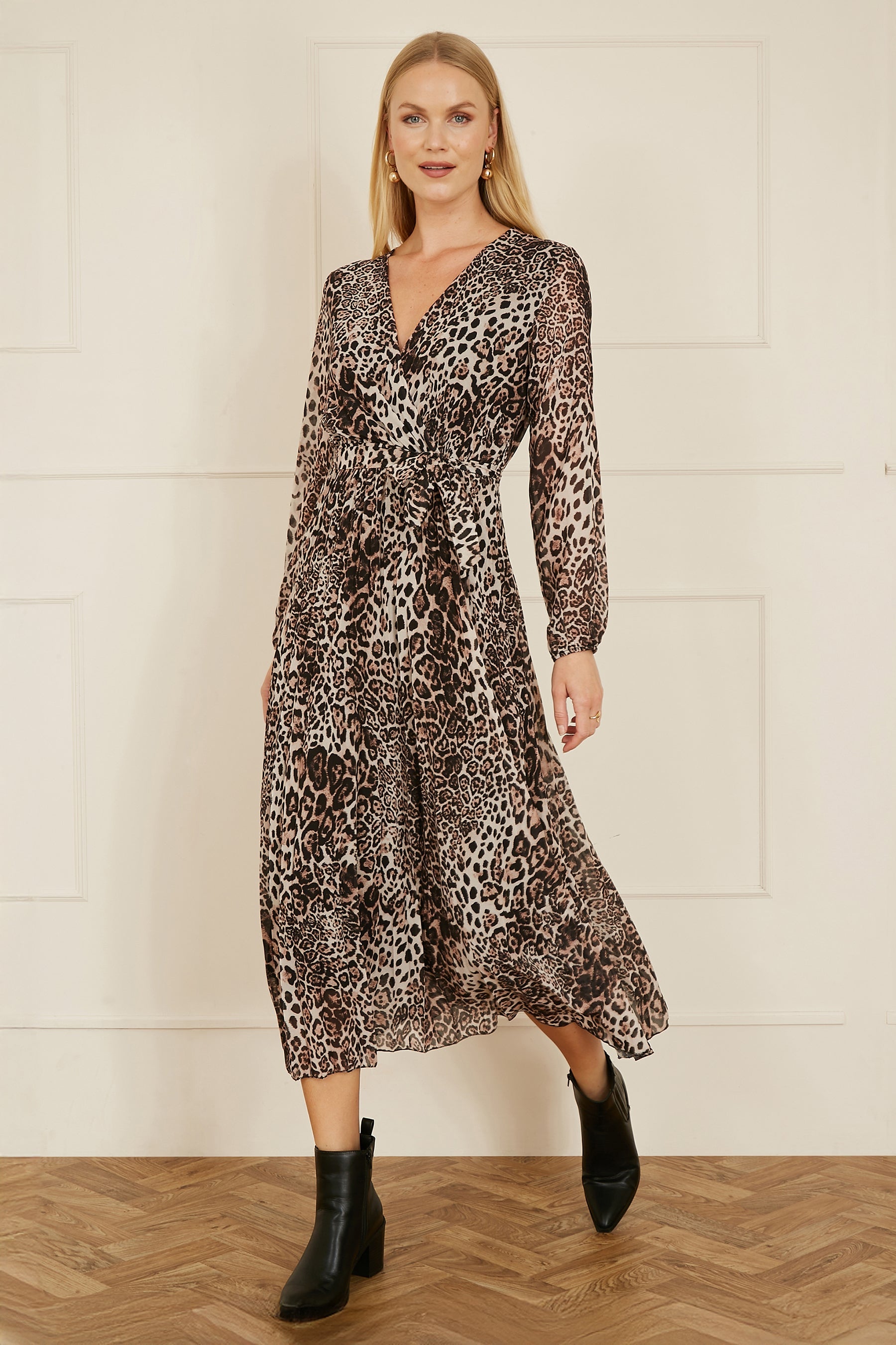Yumi Brown Leopard Print Pleated Long Sleeve Wrap Midi Dress - QHA UK