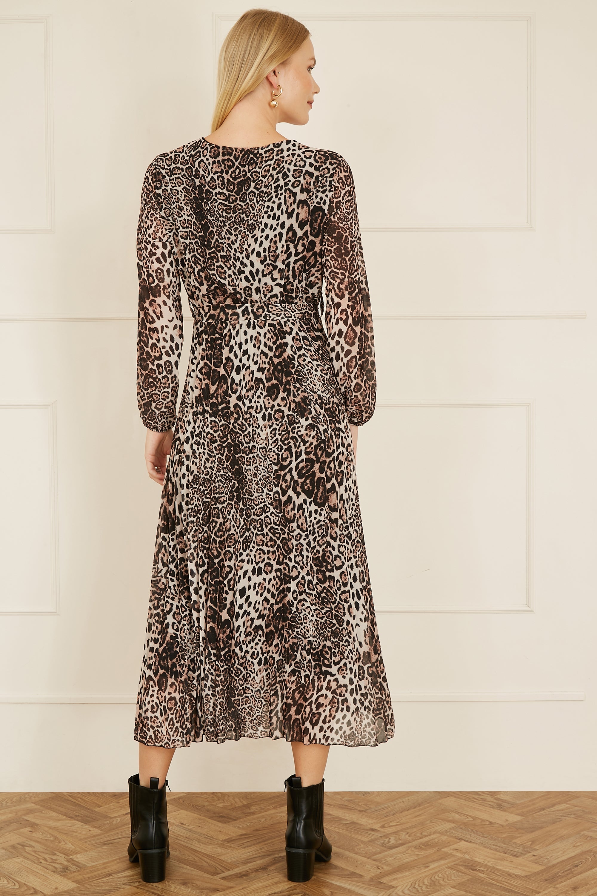 Yumi Brown Leopard Print Pleated Long Sleeve Wrap Midi Dress - QHA UK
