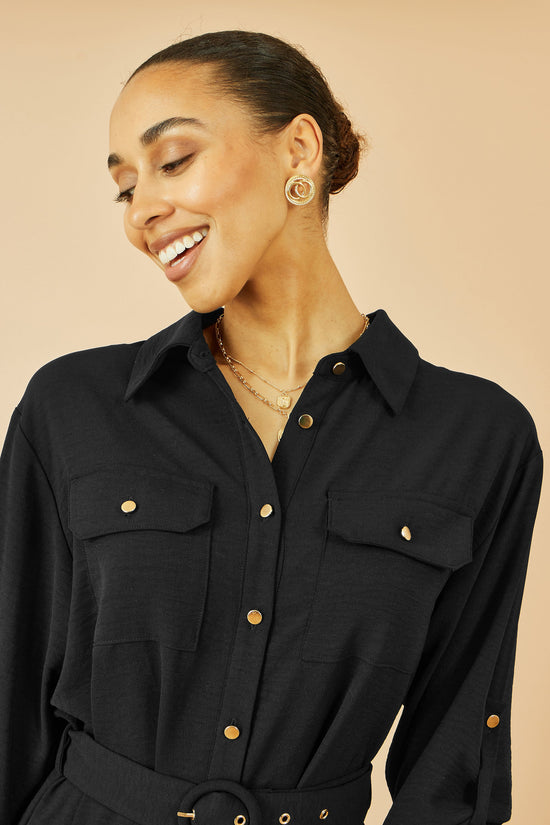 Yumi Black Stretch Midi Shirt Dress - QHA UK