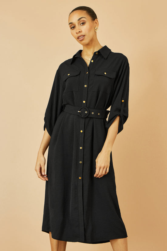 Yumi Black Stretch Midi Shirt Dress - QHA UK